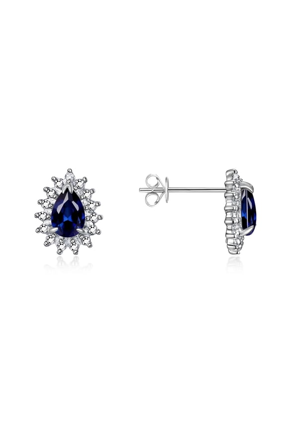 14K White Gold Halo Stud Earrings - 6X4MM Pear Shape Sapphire & Sparkling Diamonds - Exquisite Birthstone Jewelry