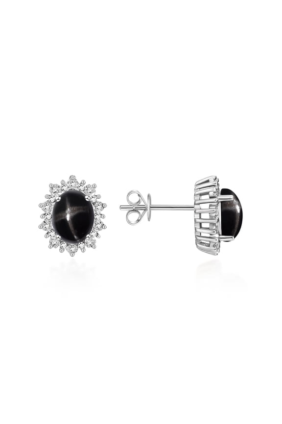 14K White Gold Princess Diana Inspired Earrings - 8X6MM Oval Black Star Sapphire & Sparkling Diamonds - Exquisite Birthstone Jewelry for Women