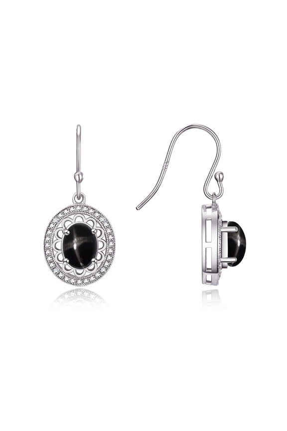 14K White Gold Princess Diana Inspired Earrings - 8X6MM Oval Black Star Sapphire & Sparkling Diamonds - Exquisite Birthstone Jewelry