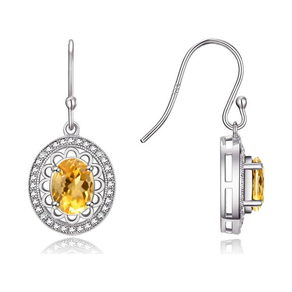 Rylos 14K White Gold Princess Diana Inspired Earrings - 8X6MM Oval Citrine & Sparkling Diamonds -  Exquisite Birthstone Jewelry