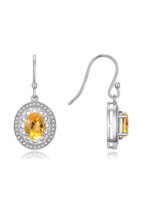 14K White Gold Princess Diana Inspired Earrings - 8X6MM Oval Citrine & Sparkling Diamonds - Exquisite Birthstone Jewelry