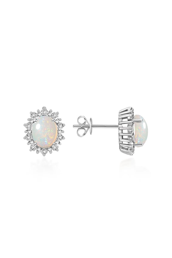 14K White Gold Princess Diana Inspired Earrings - 8X6MM Oval Opal & Sparkling Diamonds -  Exquisite Birthstone Jewelry for Women
