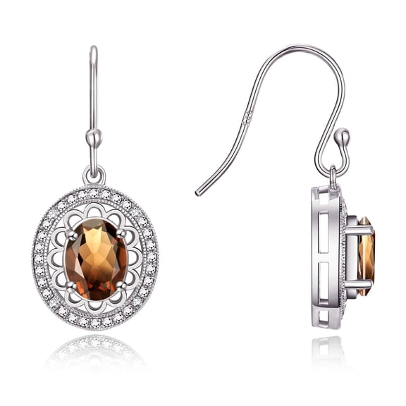 Rylos 14K White Gold Princess Diana Inspired Earrings - 8X6MM Oval Smoky Quartz & Sparkling Diamonds -  Exquisite Birthstone Jewelry