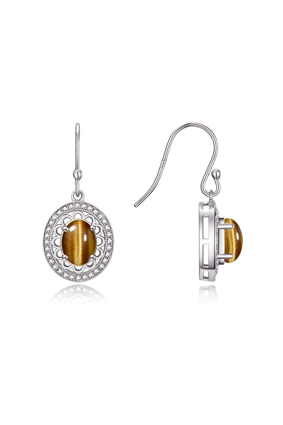 14K White Gold Princess Diana Inspired Earrings - 8X6MM Oval Tiger Eye & Sparkling Diamonds -  Exquisite Birthstone Jewelry