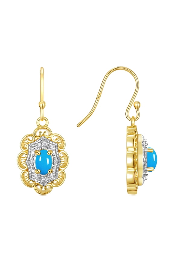 14K Yellow Gold Antique Style Floral Earrings - Oval 6X4M Turquoise & Sparkling Diamonds - Exquisite Birthstone Jewelry
