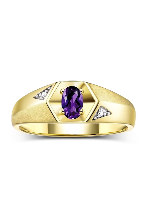 14K Yellow Gold Classic 6X4MM Oval Amethyst & Diamond Ring - Birthstone Jewelry for Men -Size 8