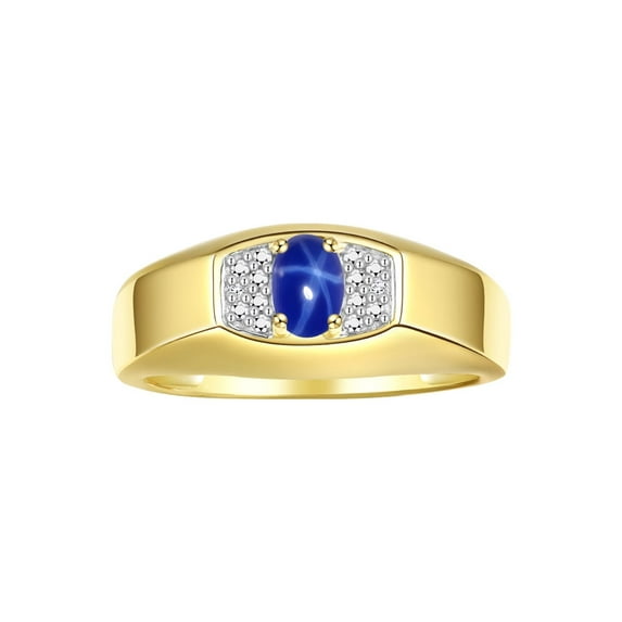 Rylos 14K Yellow Gold Classic 6X4MM Oval Blue Star Sapphire & Sparkling Diamond Ring - Birthstone Jewelry for Men -Size 8
