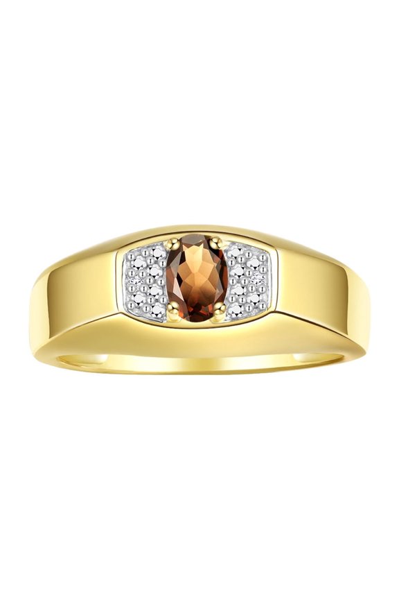 14K Yellow Gold Classic 6X4MM Oval Smoky Quartz & Sparkling Diamond Ring - Birthstone Jewelry for Men -Size 13