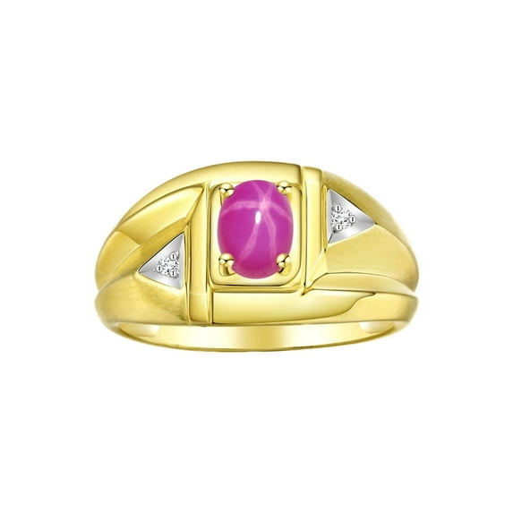 Rylos 14K Yellow Gold Classic 6X4MM Oval Star Ruby & Sparkling Diamond Ring - Birthstone Jewelry for Men -Size 8