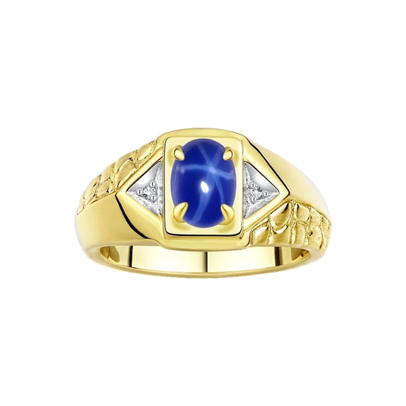 Rylos 14K Yellow Gold Classic 7X5MM Oval Blue Star Sapphire & Sparkling Diamond Ring - Birthstone Jewelry for Men -Size 12