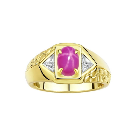 Rylos 14K Yellow Gold Classic 7X5MM Oval Star Ruby & Sparkling Diamond Ring - Birthstone Jewelry for Men -Size 12
