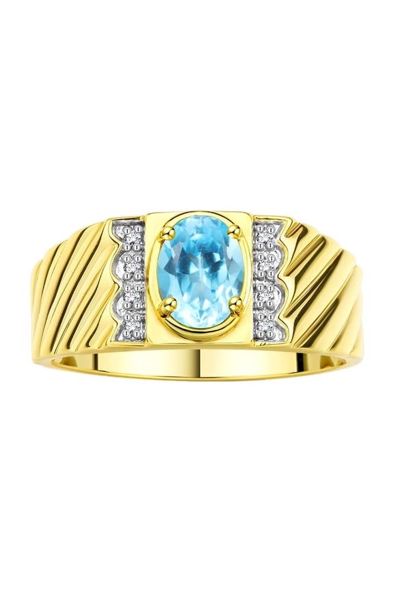 14K Yellow Gold Classic 8X6MM Oval Blue Topaz & Sparkling Diamond Ring - Birthstone Jewelry for Men -Size 8