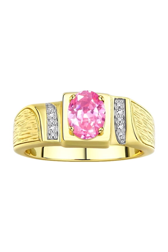 14K Yellow Gold Classic 8X6MM Oval Pink Ice & Sparkling Diamond Ring - Birthstone Jewelry for Men -Size 11