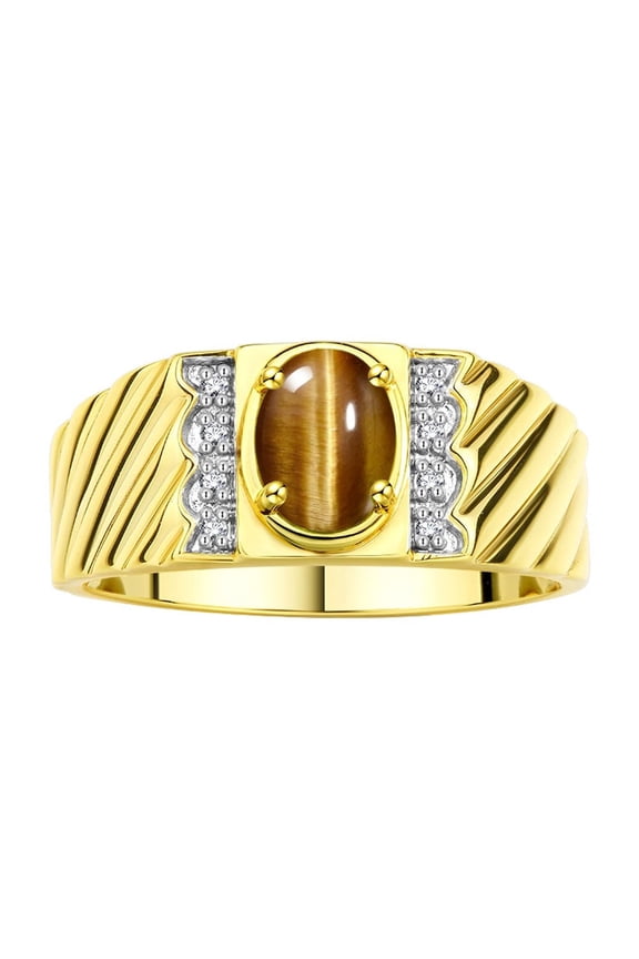 14K Yellow Gold Classic 8X6MM Oval Tiger Eye & Sparkling Diamond Ring - Birthstone Jewelry for Men -Size 8