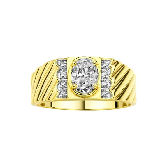 Rylos 14K Yellow Gold Classic 8X6MM Oval White Topaz & Sparkling Diamond Ring - Birthstone Jewelry for Men -Size 9