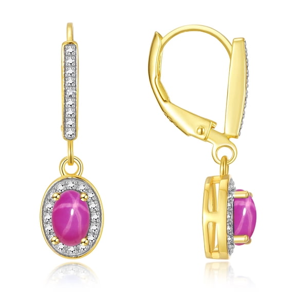 Rylos 14K Yellow Gold Dangling Earrings - 6X4MM Oval Star Ruby & Sparkling Diamonds -  Exquisite Birthstone Jewelry