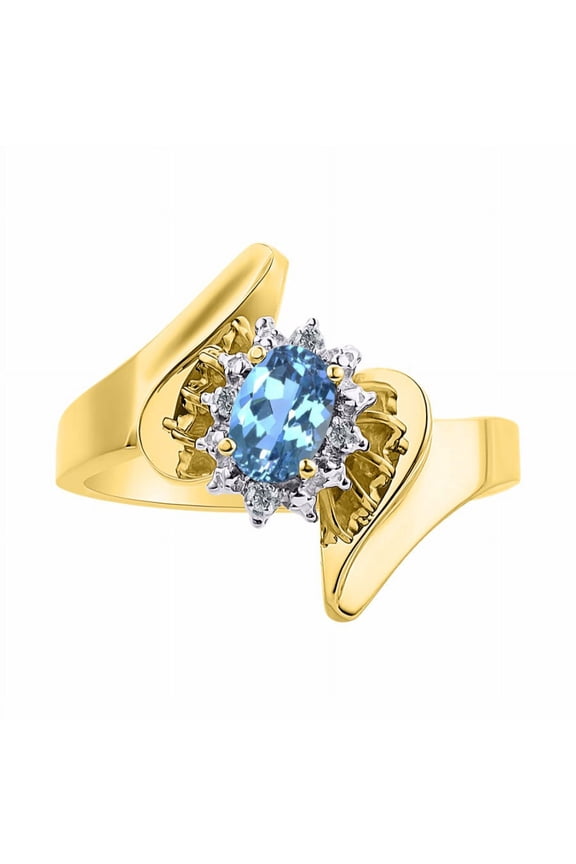 14K Yellow Gold Floral Designer Ring with 6X4MM Oval Gemstone & Sparkling Diamonds - Birthstone Blue Topaz Jewelry Size 6