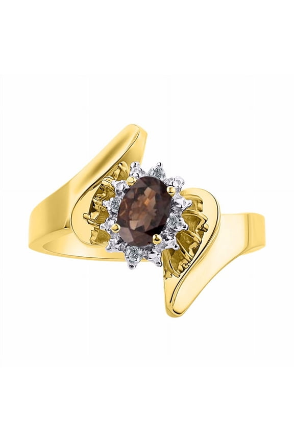 14K Yellow Gold Floral Designer Ring with 6X4MM Oval Gemstone & Sparkling Diamonds - Birthstone Smoky Quartz Jewelry Size 6