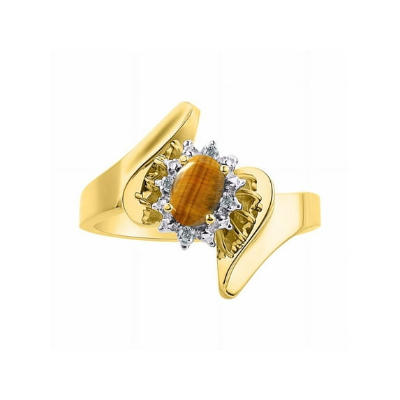 Rylos 14K Yellow Gold Floral Designer Ring with 6X4MM Oval Gemstone & Sparkling Diamonds - Birthstone Tiger Eye Jewelry Size 8