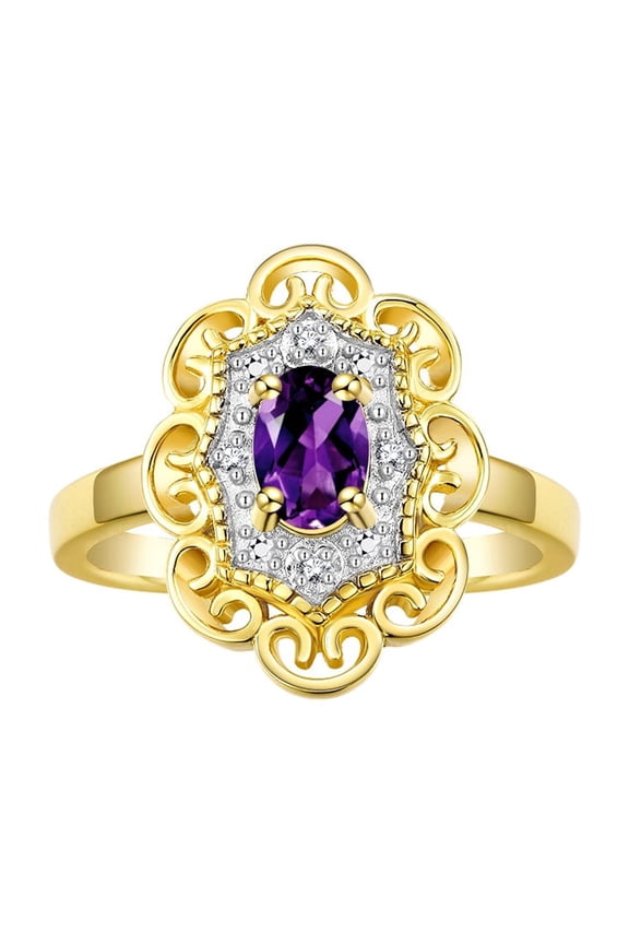 14K Yellow Gold Floral Designer Ring with 6x4 MM Oval Amethyst & Sparkling Diamonds - Birthstone Jewelry for Women -Size 5