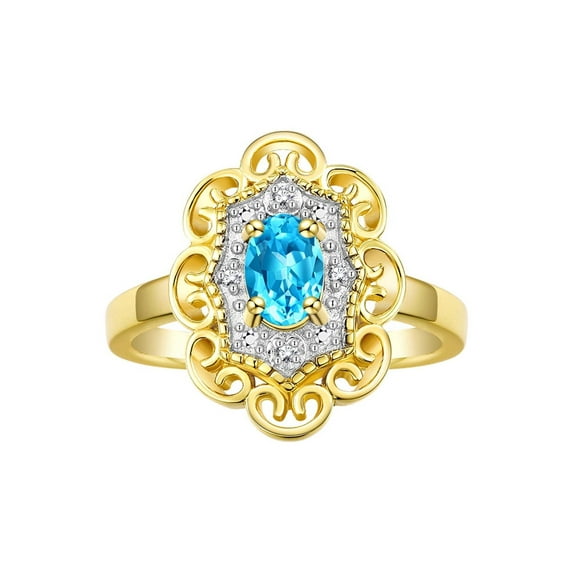 Rylos 14K Yellow Gold Floral Designer Ring with 6x4 MM Oval Blue Topaz & Sparkling Diamonds - Birthstone Jewelry for Women -Size 10