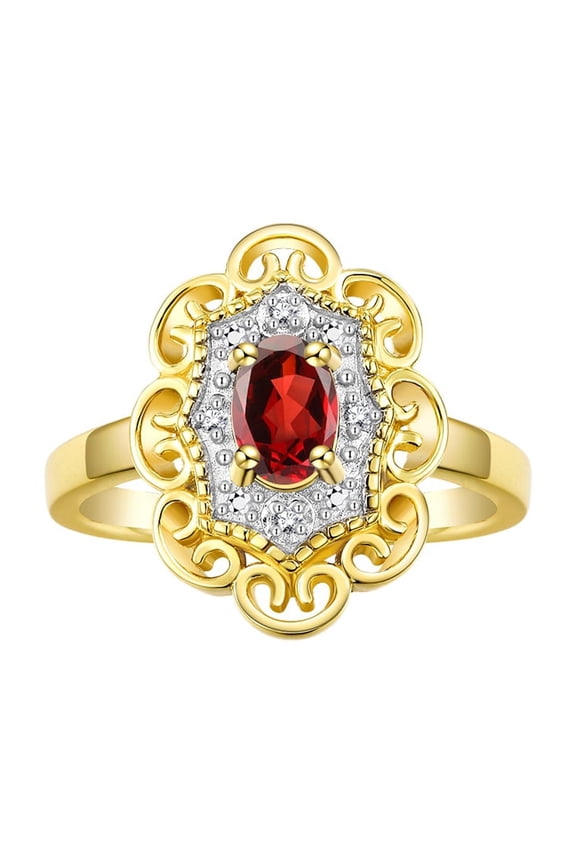 14K Yellow Gold Floral Designer Ring with 6x4 MM Oval Garnet & Sparkling Diamonds - Birthstone Jewelry for Women -Size 5