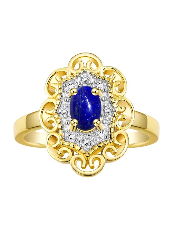 14K Yellow Gold Floral Designer Ring with 6x4 MM Oval Lapis & Sparkling Diamonds - Birthstone Jewelry for Women -Size 10