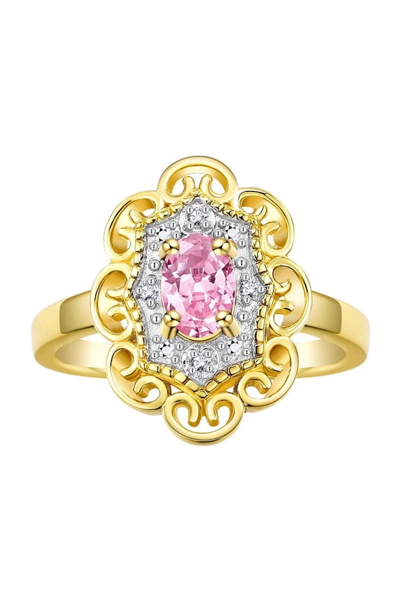 14K Yellow Gold Floral Designer Ring with 6x4 MM Oval Pink Ice & Sparkling Diamonds - Birthstone Jewelry for Women -Size 9