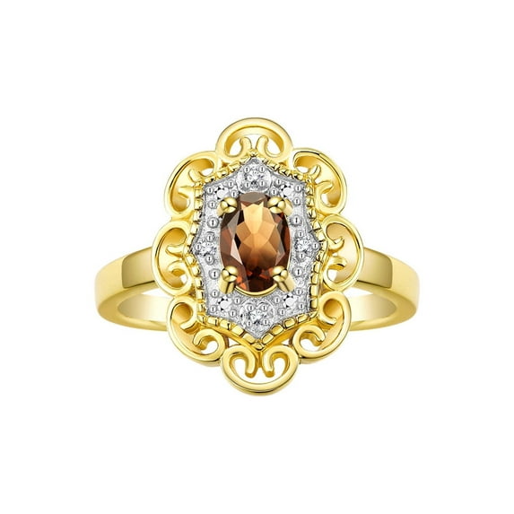 Rylos 14K Yellow Gold Floral Designer Ring with 6x4 MM Oval Smoky Quartz & Sparkling Diamonds - Birthstone Jewelry for Women -Size 8
