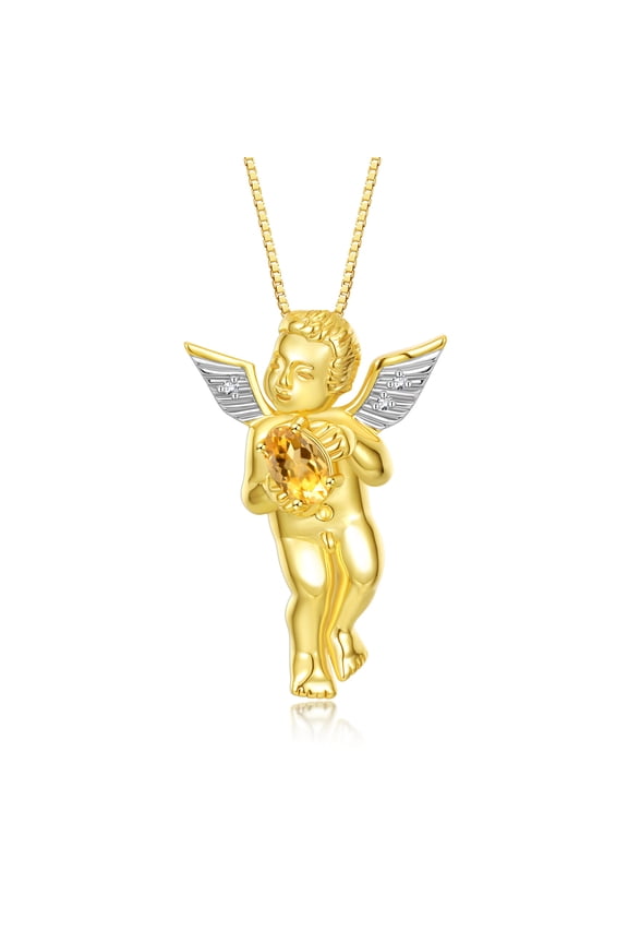 14K Yellow Gold Guardian Angel Necklace with 6X4MM Citrine & Sparkling Diamonds -  18" Chain Exquisite Birthstone Jewelry