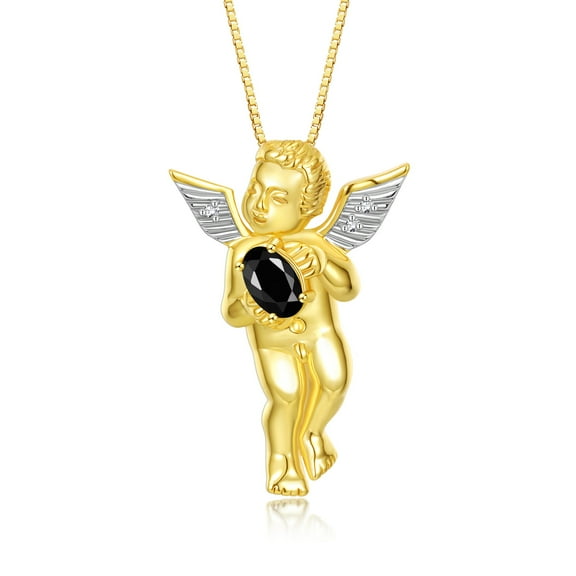 Rylos 14K Yellow Gold Guardian Angel Necklace with 6X4MM Onyx & Sparkling Diamonds -  18" Chain Exquisite Birthstone Jewelry