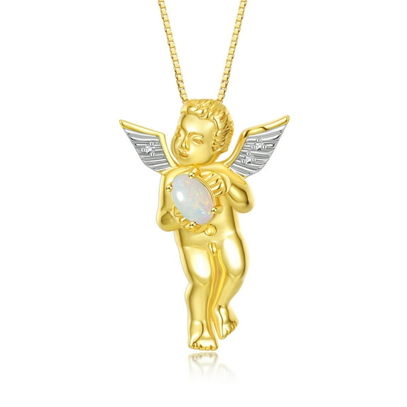 Rylos 14K Yellow Gold Guardian Angel Necklace with 6X4MM Opal & Sparkling Diamonds - 18" Chain Exquisite Birthstone Jewelry