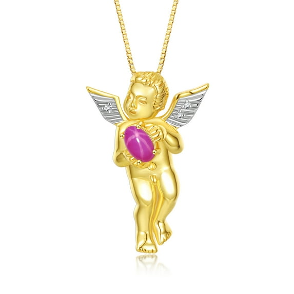 Rylos 14K Yellow Gold Guardian Angel Necklace with 6X4MM Star Ruby & Sparkling Diamonds - 18" Chain Exquisite Birthstone Jewelry
