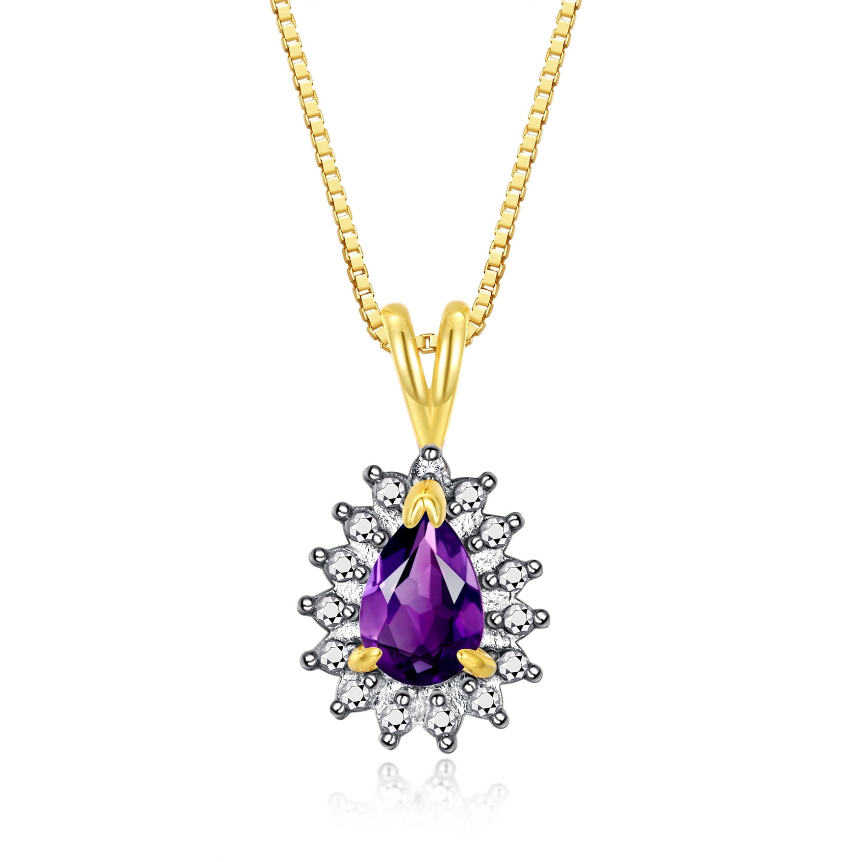 Rylos 14K Yellow Gold Halo Pendant Necklace: 6X4MM Tear Drop / Pear Shape Amethyst & Sparkling Diamonds -  18" Chain Exquisite Birthstone Jewelry