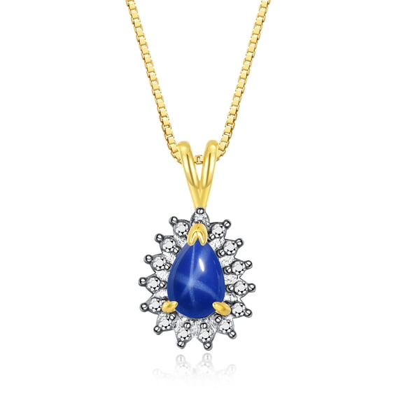 Rylos 14K Yellow Gold Halo Pendant Necklace: 6X4MM Tear Drop / Pear Shape Blue Star Sapphire & Sparkling Diamonds - 18" Chain Exquisite Birthstone Jewelry