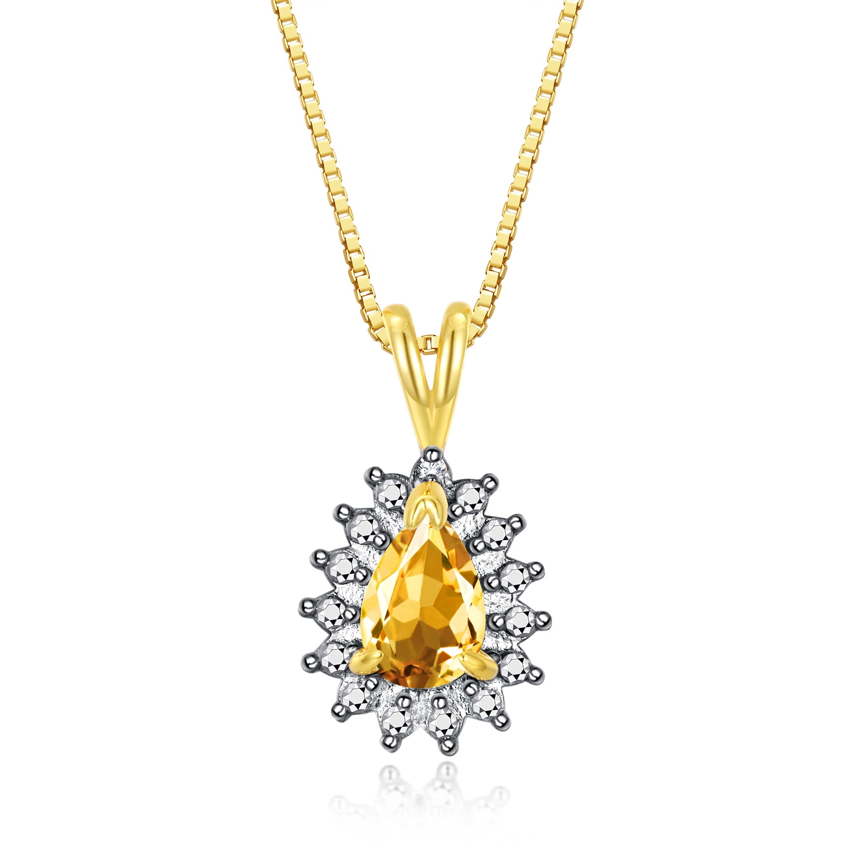 Rylos 14K Yellow Gold Halo Pendant Necklace: 6X4MM Tear Drop / Pear Shape Citrine & Sparkling Diamonds -  18" Chain Exquisite Birthstone Jewelry