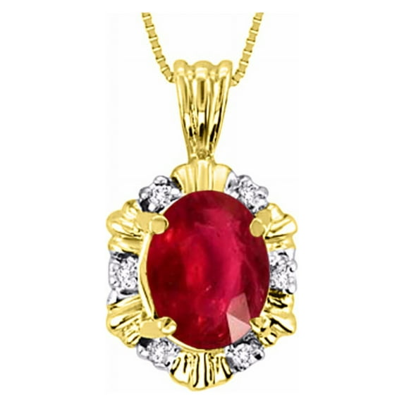Rylos 14K Yellow Gold Halo Pendant Necklace: 9X7MM Ruby & Sparkling Diamonds - 18" Chain Exquisite Birthstone Jewelry
