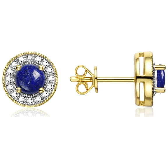 Rylos 14K Yellow Gold Halo Stud Earrings - 4MM Round  Lapis & Sparkling Diamonds -  Exquisite Birthstone Jewelry