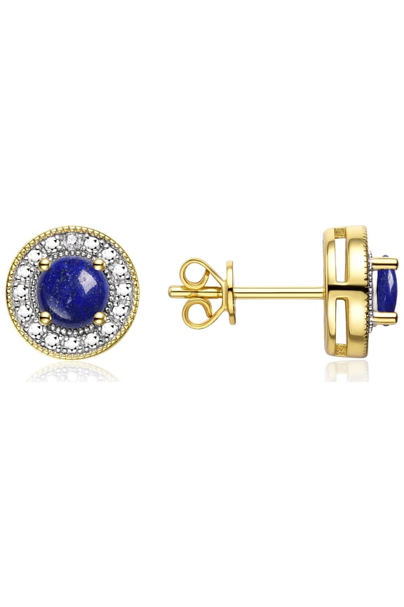 14K Yellow Gold Halo Stud Earrings - 4MM Round Lapis & Sparkling Diamonds - Exquisite Birthstone Jewelry