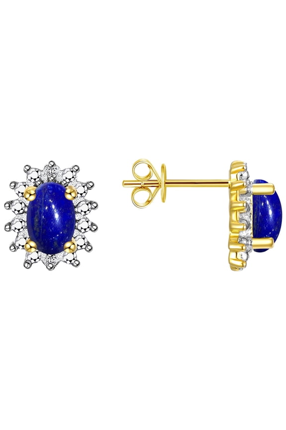 14K Yellow Gold Halo Stud Earrings - 6X4MM Oval Lapis & Diamonds - Exquisite Birthstone Jewelry