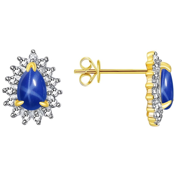 Rylos 14K Yellow Gold Halo Stud Earrings - 6X4MM Pear Shape Blue Star Sapphire & Sparkling Diamonds - Exquisite Birthstone Jewelry