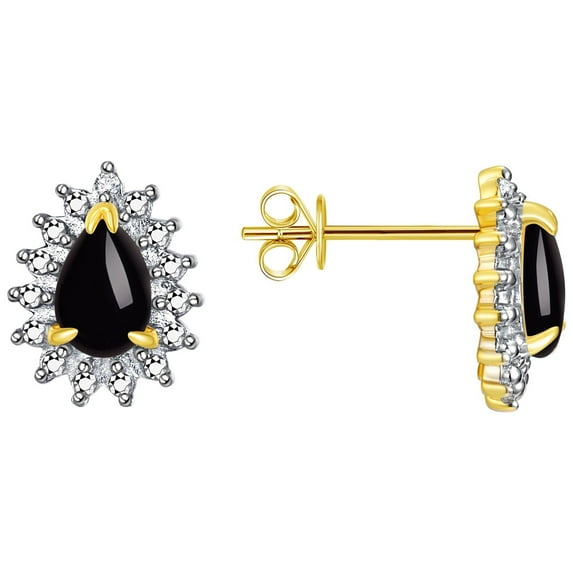 Rylos 14K Yellow Gold Halo Stud Earrings - 6X4MM Pear Shape Cabochon Onyx & Sparkling Diamonds - Exquisite Birthstone Jewelry