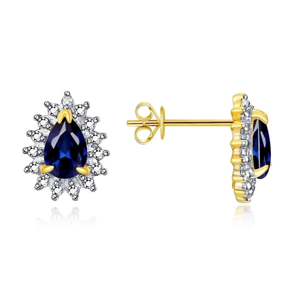 Rylos 14K Yellow Gold Halo Stud Earrings - 6X4MM Pear Shape Sapphire & Sparkling Diamonds - Exquisite Birthstone Jewelry