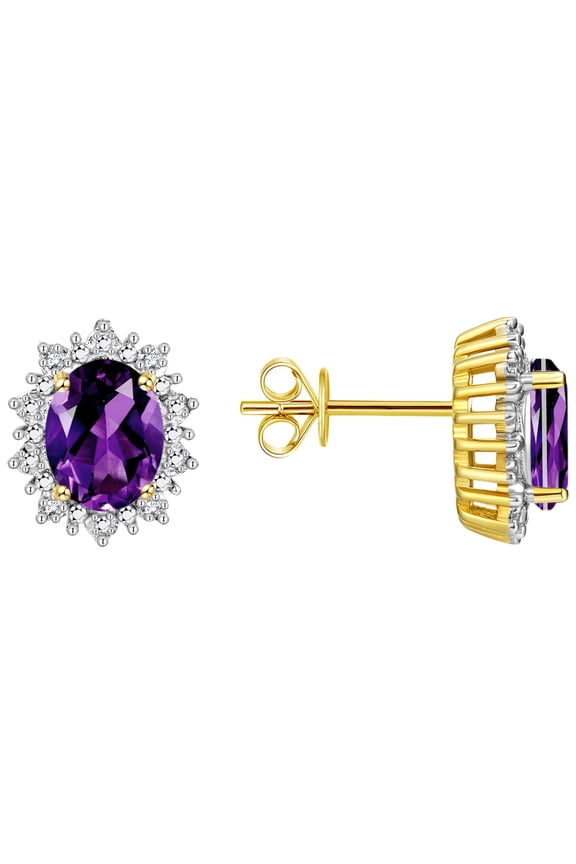 14K Yellow Gold Princess Diana Inspired Earrings - 8X6MM Oval Amethyst & Sparkling Diamonds - Exquisite Birthstone Jewelry for Women