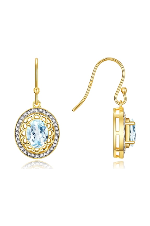 14K Yellow Gold Princess Diana Inspired Earrings - 8X6MM Oval Aquamarine & Sparkling Diamonds - Exquisite Birthstone Jewelry
