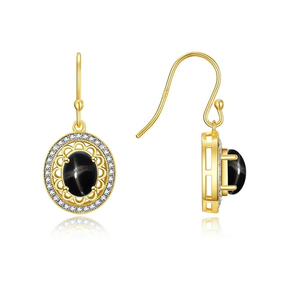 Rylos 14K Yellow Gold Princess Diana Inspired Earrings - 8X6MM Oval Black Star Sapphire & Sparkling Diamonds - Exquisite Birthstone Jewelry
