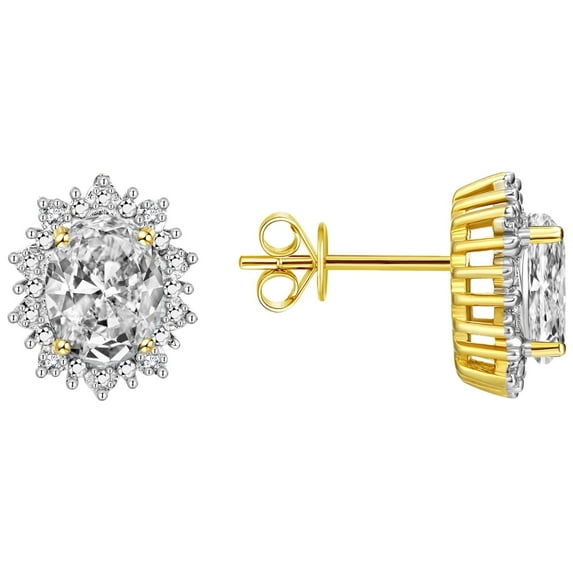 Rylos 14K Yellow Gold Princess Diana Inspired Earrings - 8X6MM Oval White Topaz & Sparkling Diamonds - Exquisite Birthstone Jewelry for Women