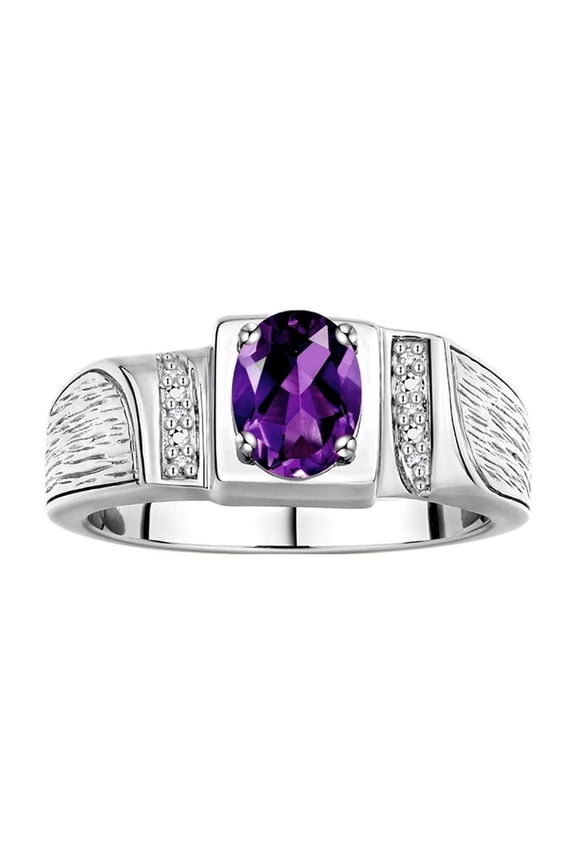 925 Sterling Silver Classic 8X6MM Oval Amethyst & Sparkling Diamond Ring - Birthstone Jewelry for Men -Size 8