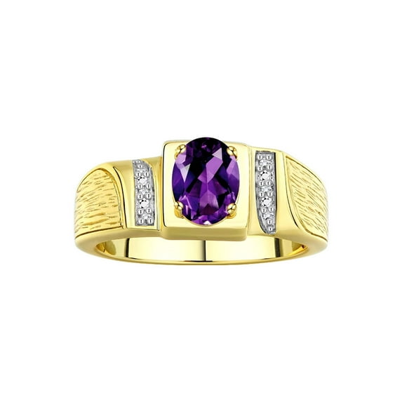 Rylos 925 Yellow Gold Plated Silver Classic 8X6MM Oval Amethyst & Sparkling Diamond Ring - Birthstone Jewelry for Men -Size 11