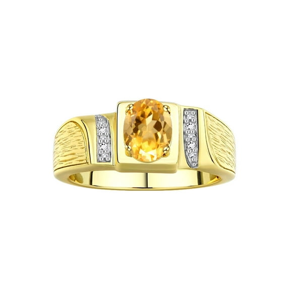Rylos 925 Yellow Gold Plated Silver Classic 8X6MM Oval Citrine & Sparkling Diamond Ring - Birthstone Jewelry for Men -Size 12